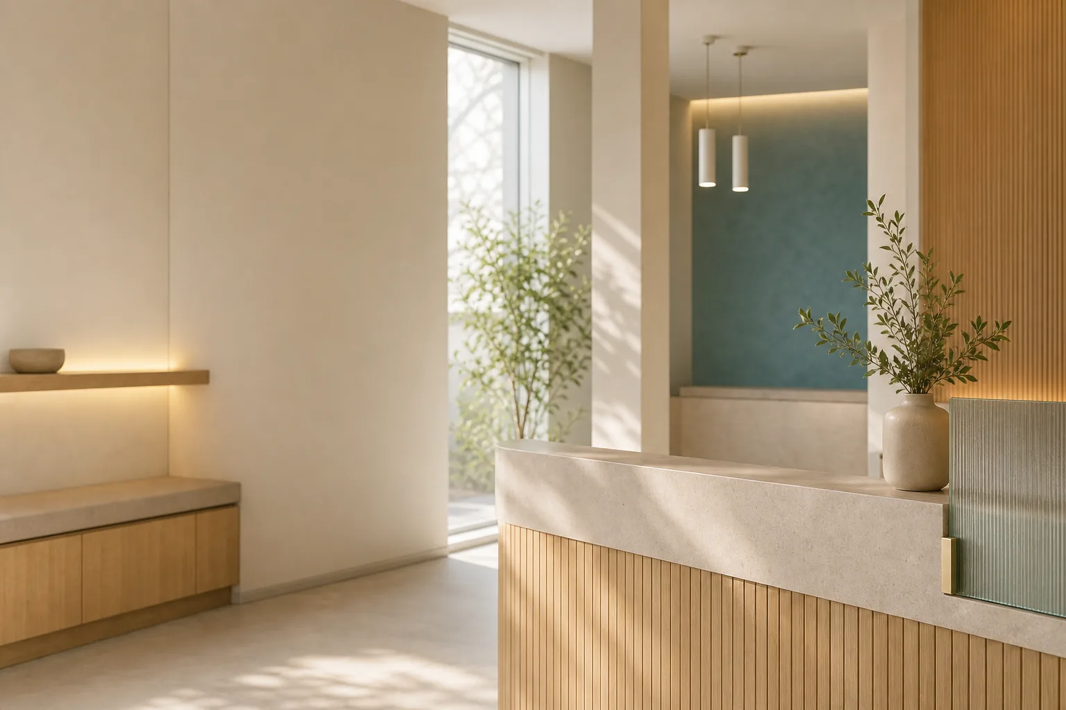 Hochwertiges Praxisdetail mit Holz, Glas und warmem Licht