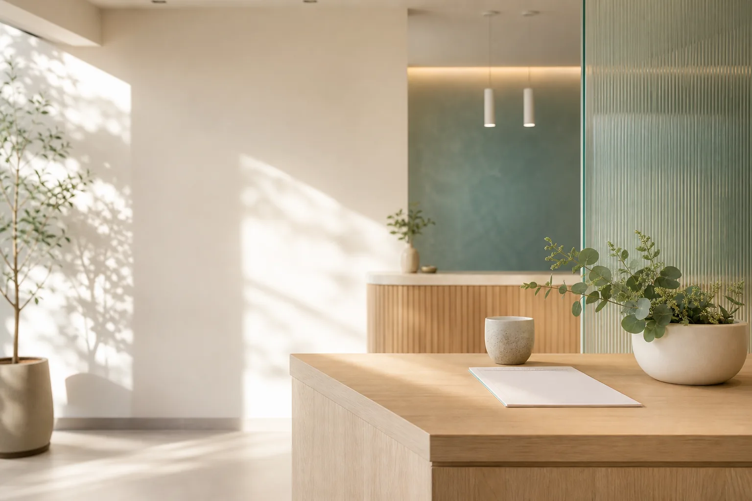 Ruhiges Empfangsdetail mit warmem Licht und natürlichen Materialien